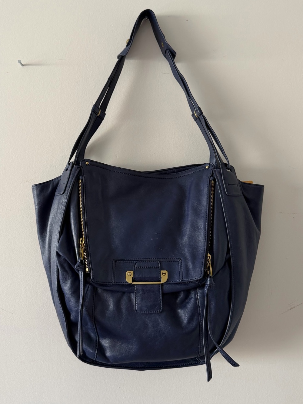 New Kooba Navy Leather Shoulder Bag with Gold Hardware $580